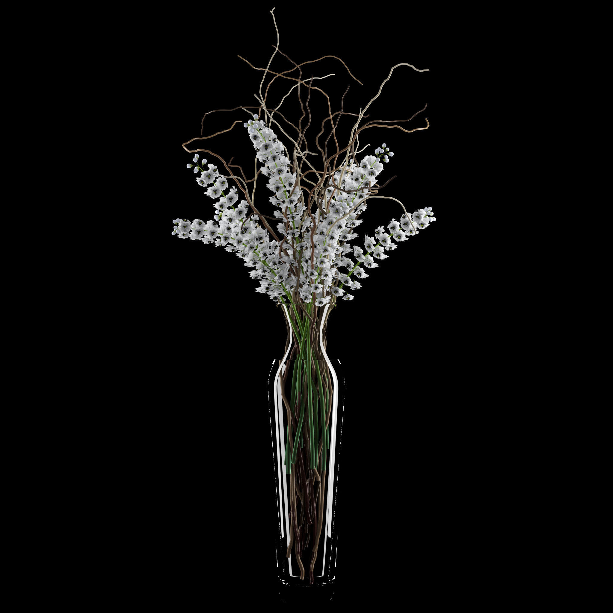 White delphinium in tall vase with willow branches 3D model_5