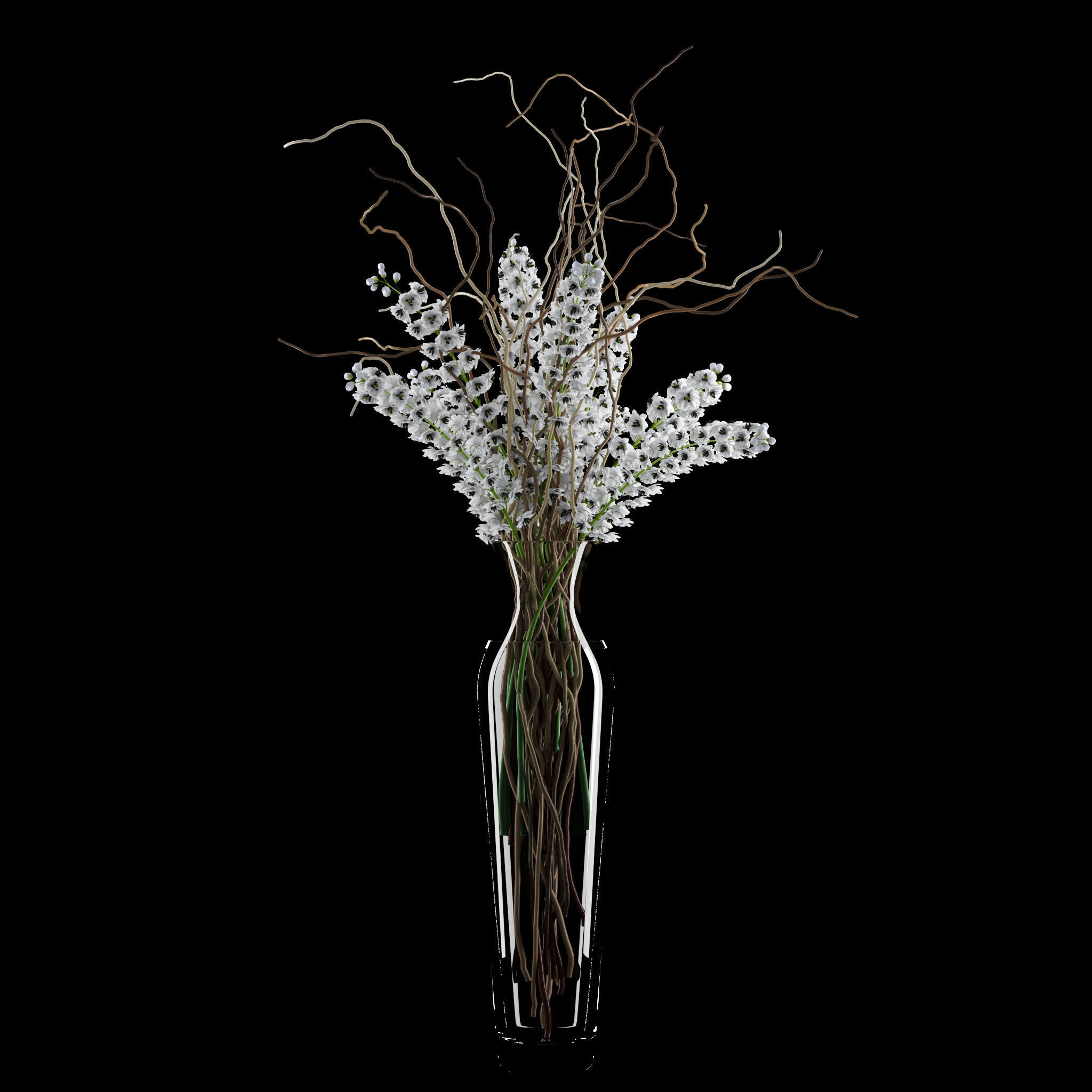 White delphinium in tall vase with willow branches 3D model_7