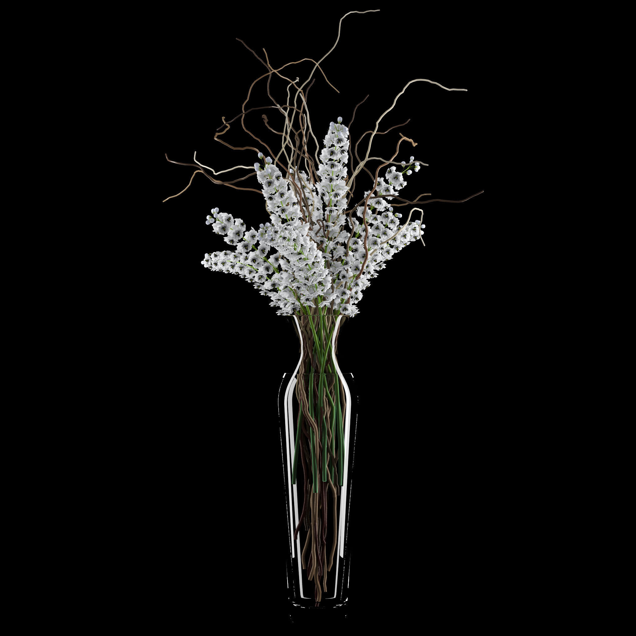 White delphinium in tall vase with willow branches 3D model_4