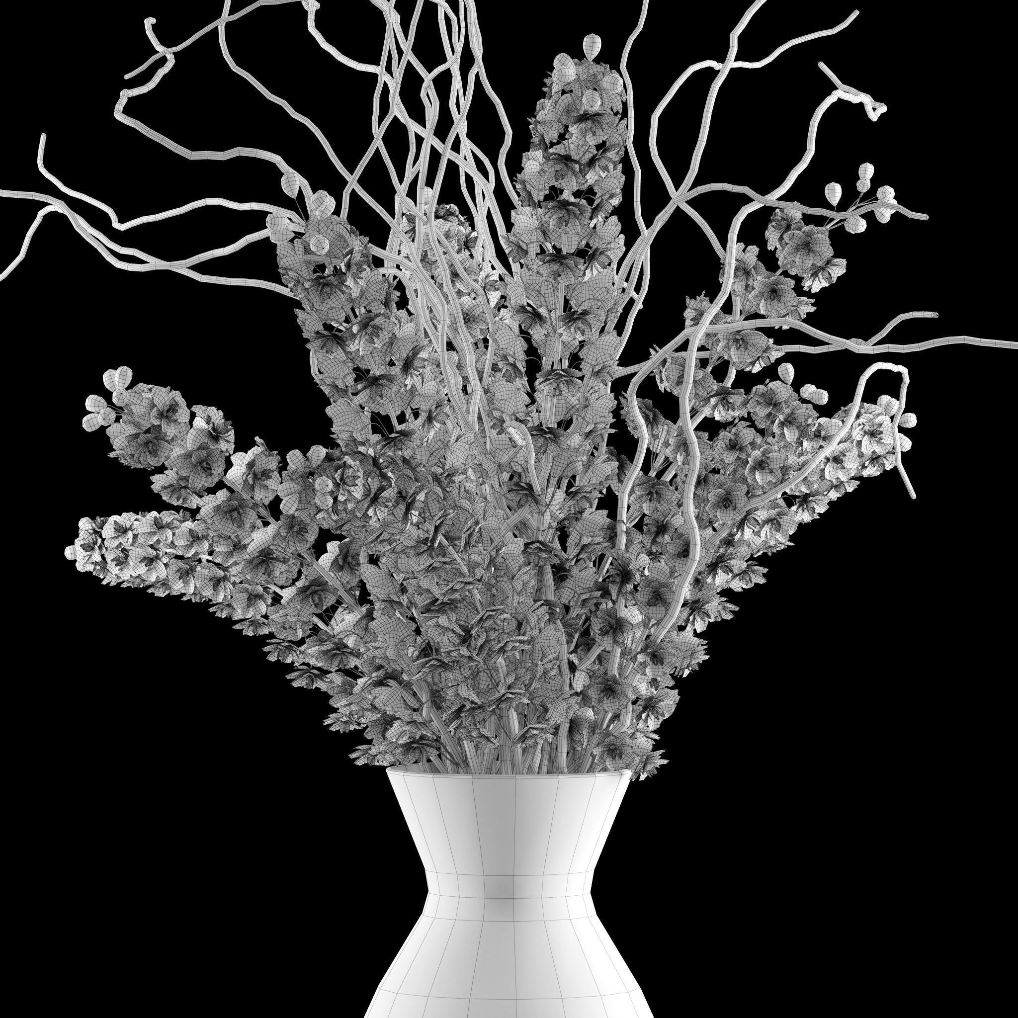 White delphinium in tall vase with willow branches 3D model_2