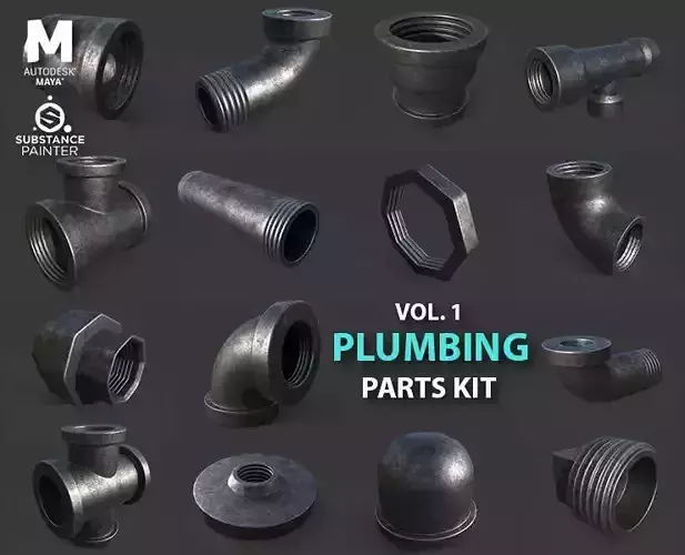 Plumbing Parts kit lowpoly 15 pisces  Low-poly 3D model
