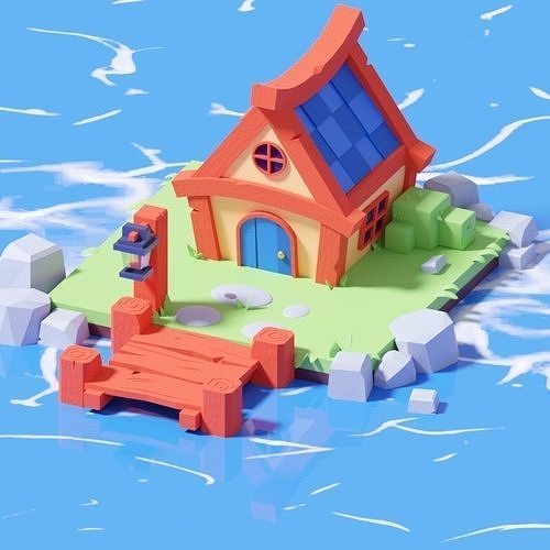 low pol house in sea  Low-poly 3D model