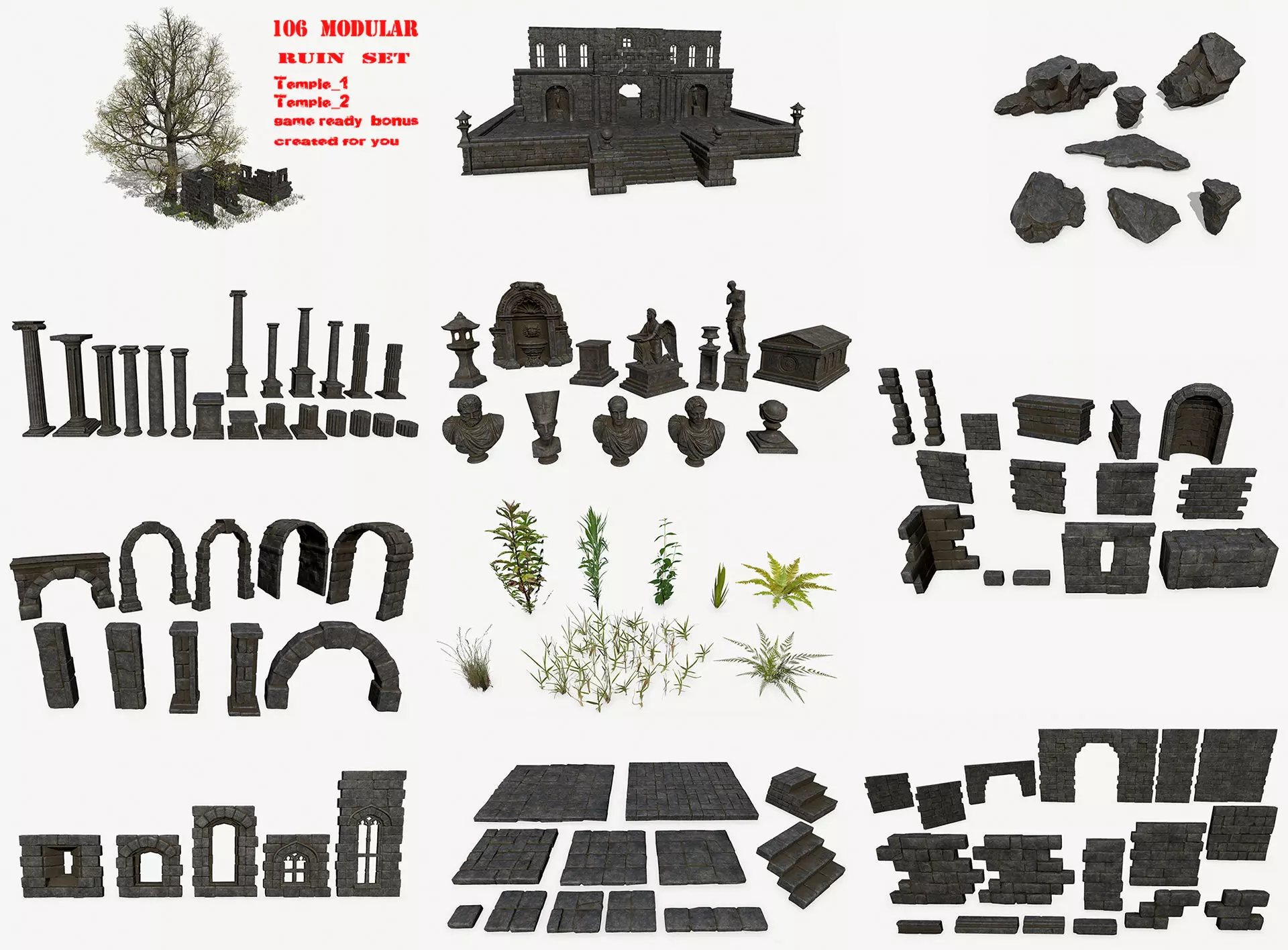 ruin set stone structure Low-poly 3D model_0