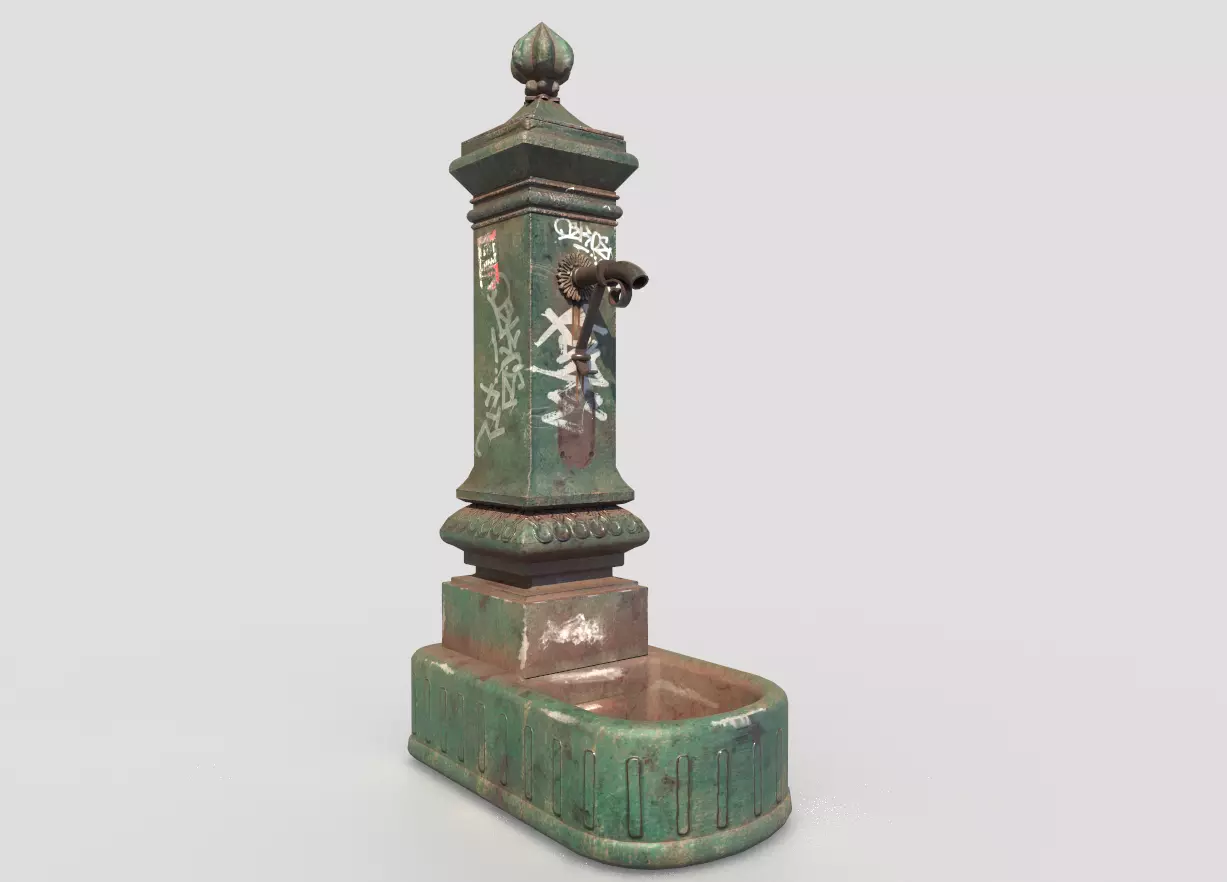 Public Fountain With Graffiti 3D model_0