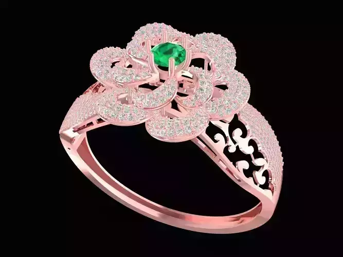 Floral Diamond Ring with Green Gemstone Center 1214
