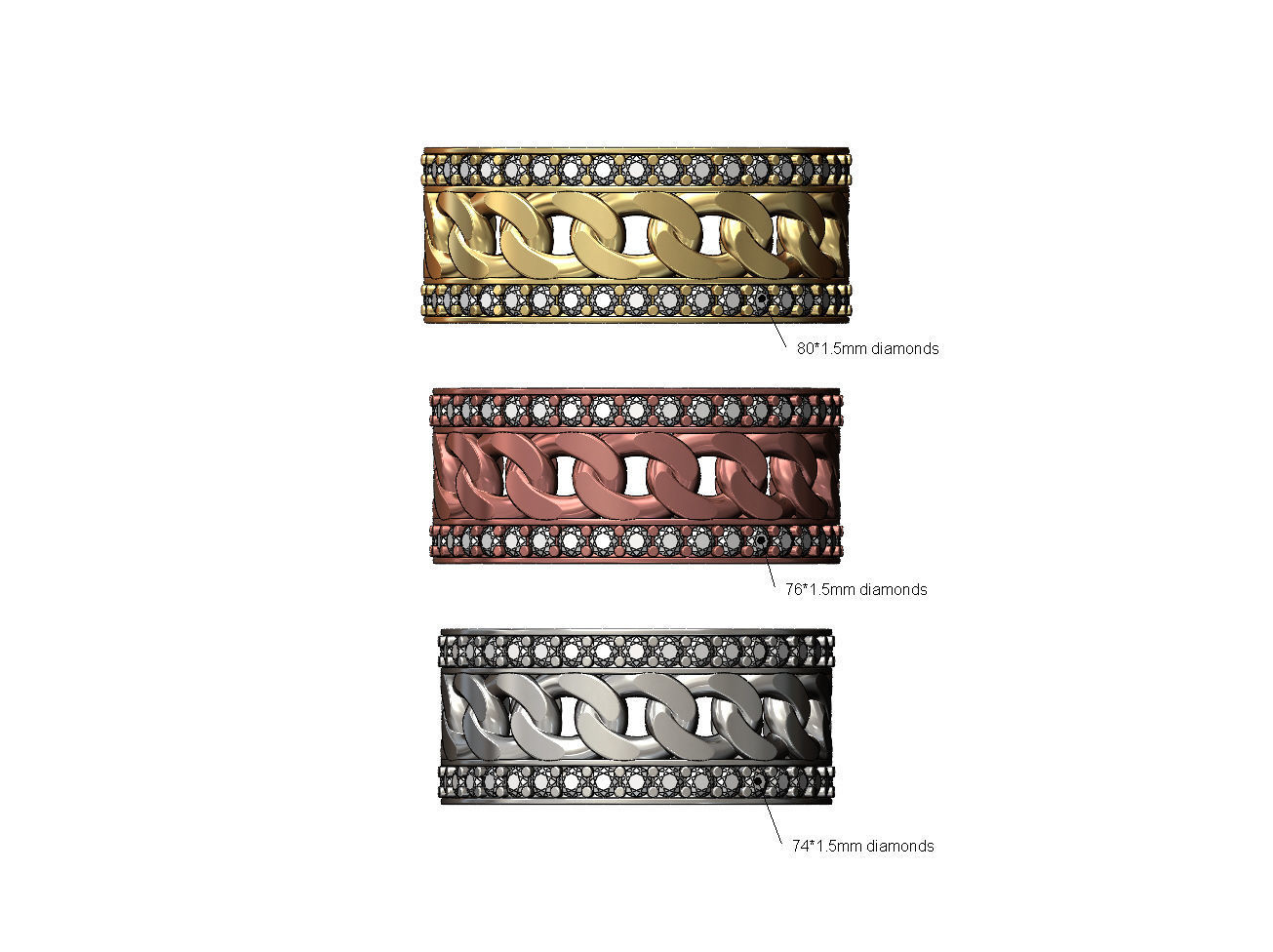 Diamond cuban link band US sizes 6 7 8 3D print model_2