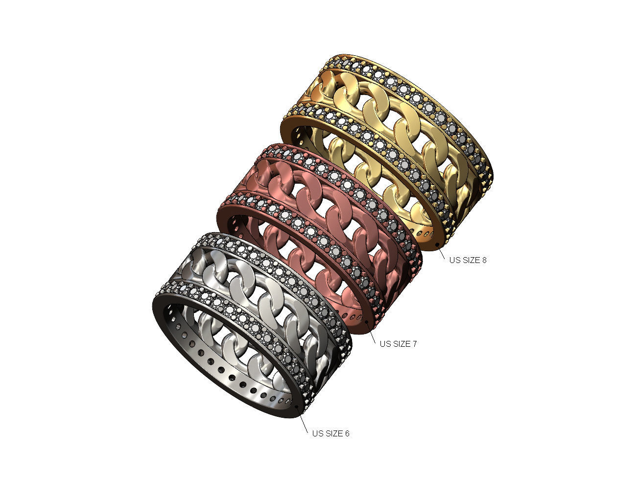 Diamond cuban link band US sizes 6 7 8 3D print model_1