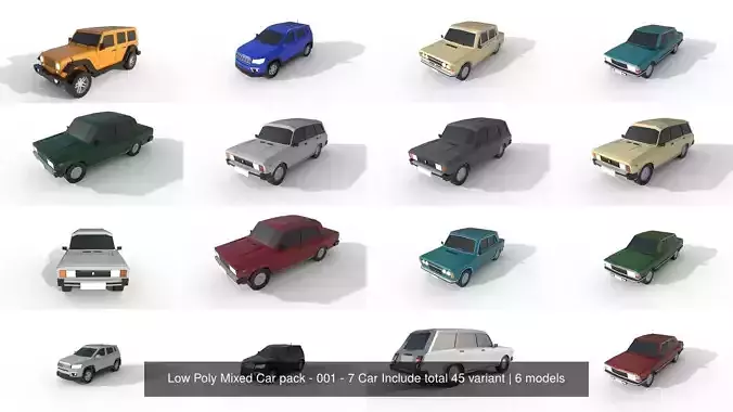 Low Poly Mixed Car pack - 001 - 7 Car Include total 45 variant 3D Model Collection