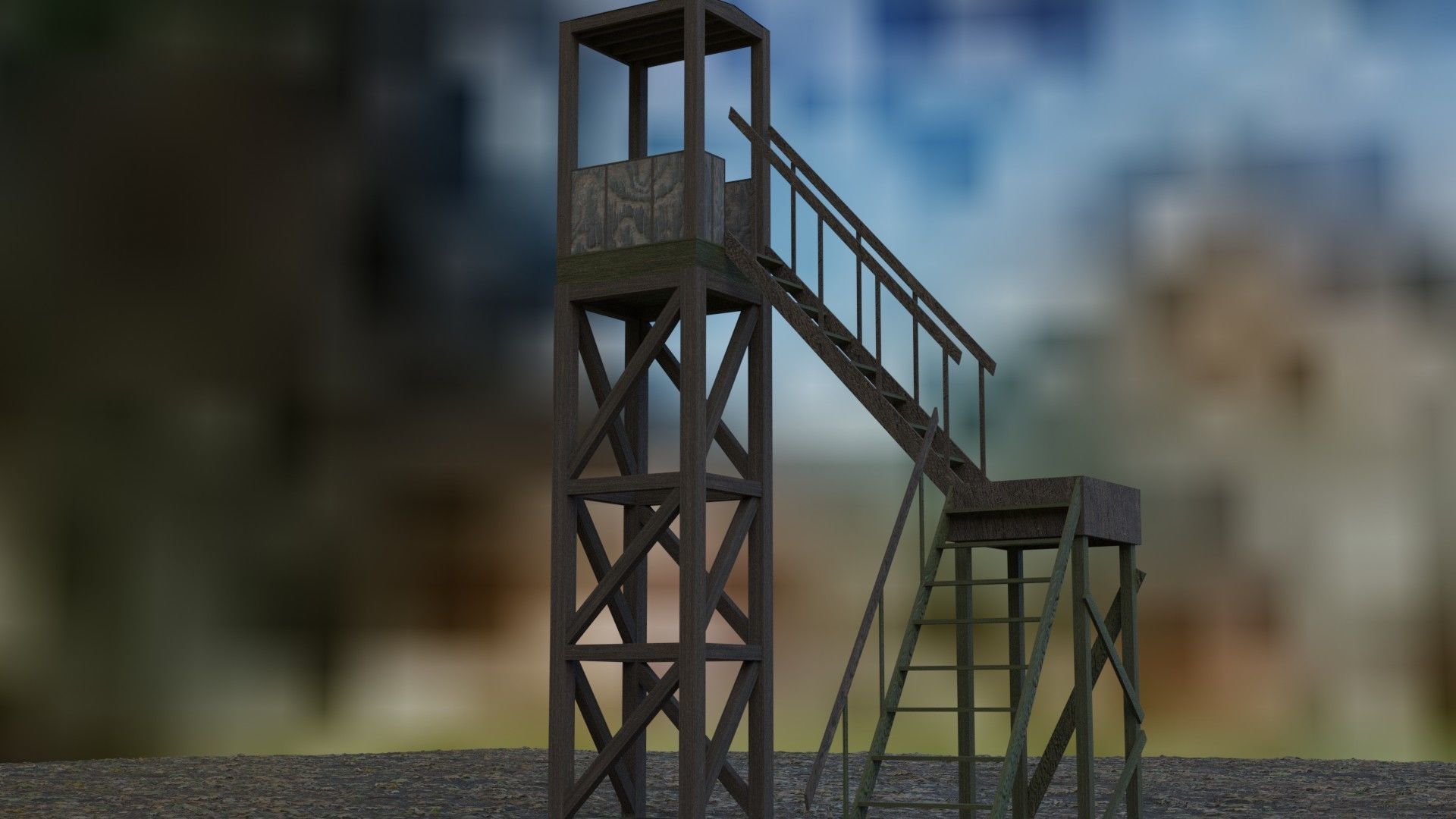 3d tower model guard in middle of field Low-poly 3D model_5