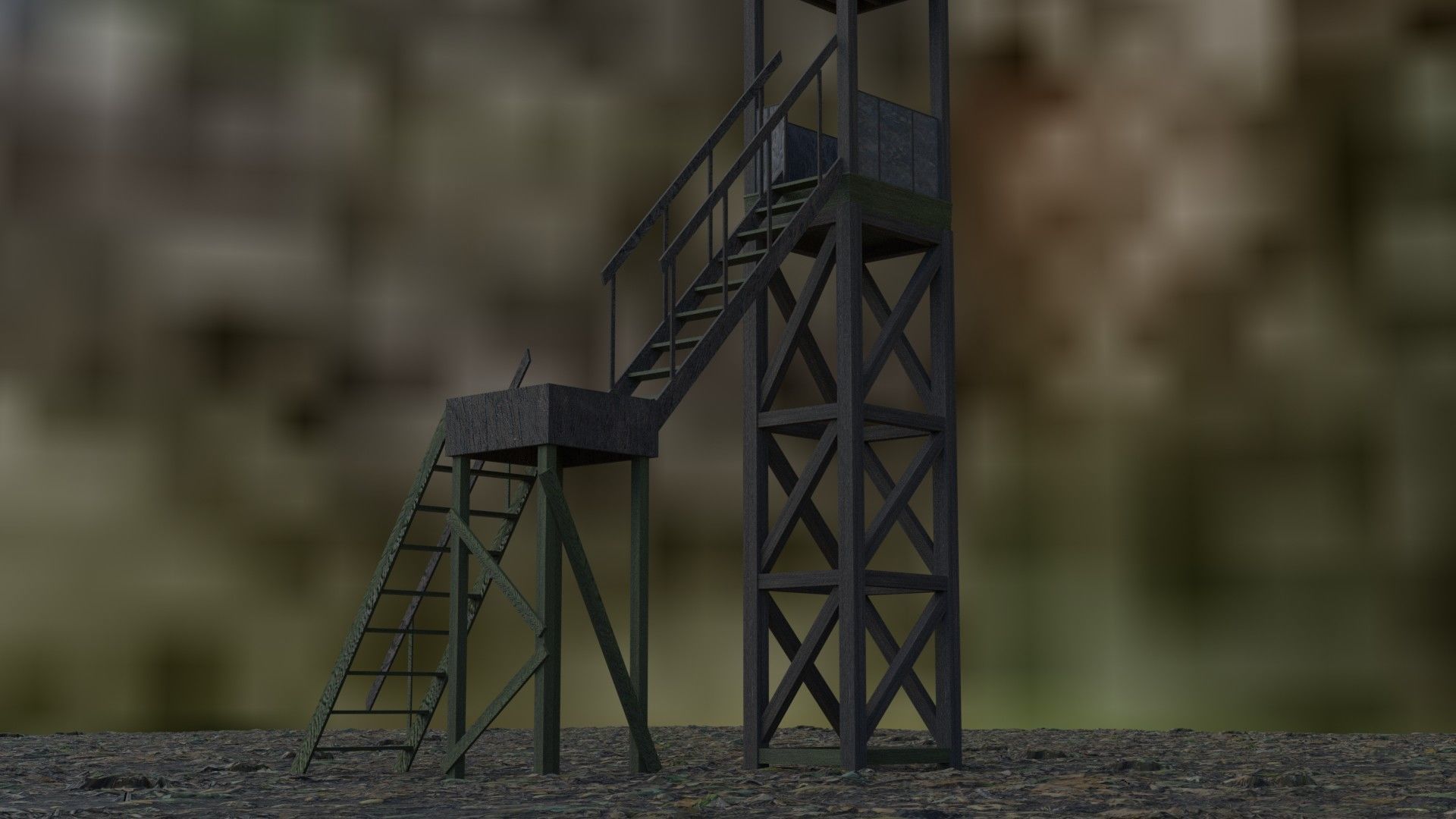 3d tower model guard in middle of field Low-poly 3D model_4