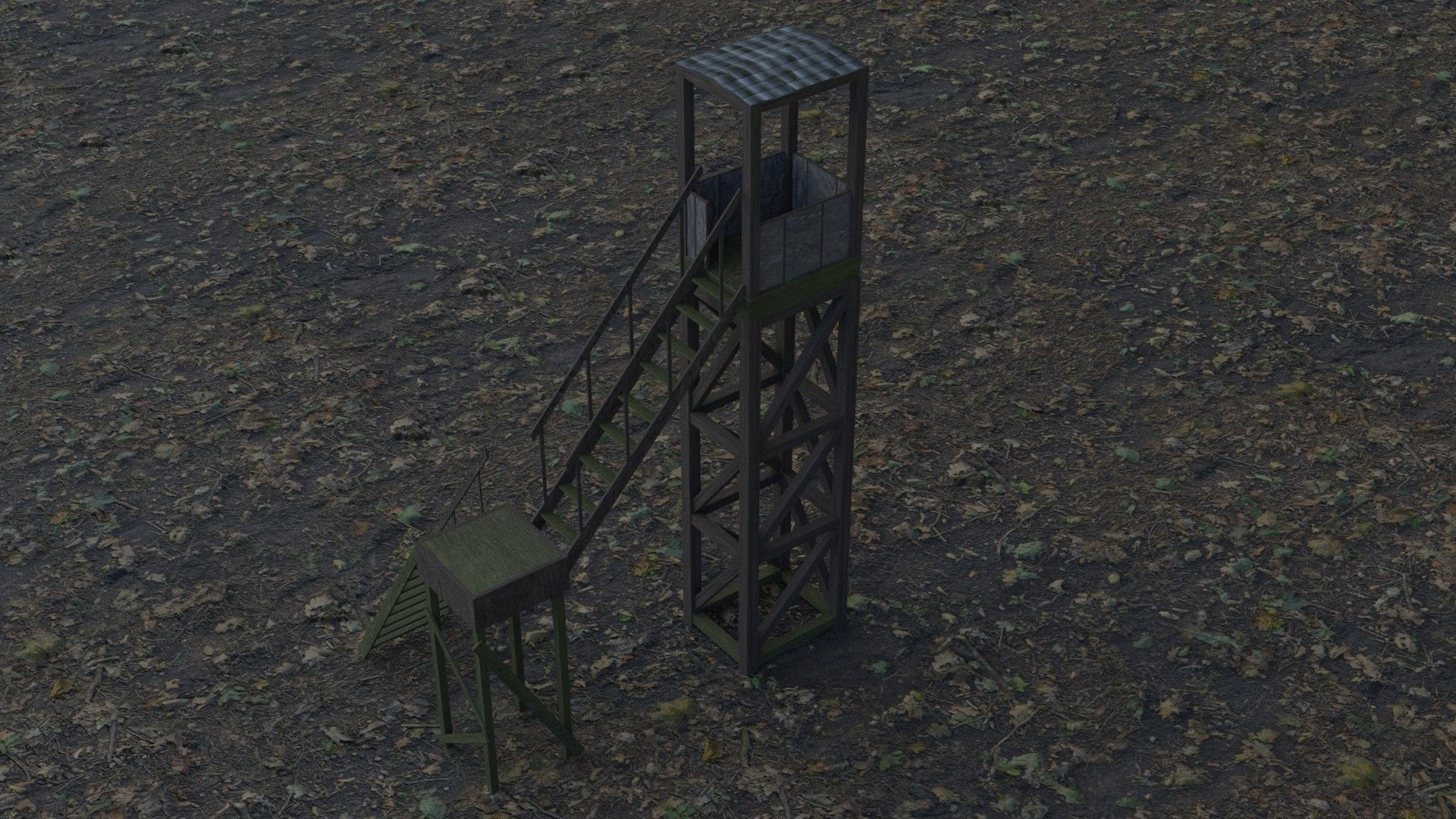 3d tower model guard in middle of field Low-poly 3D model_2