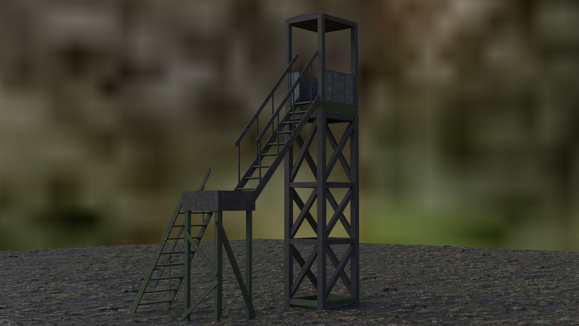 3d tower model guard in middle of field Low-poly 3D model_1
