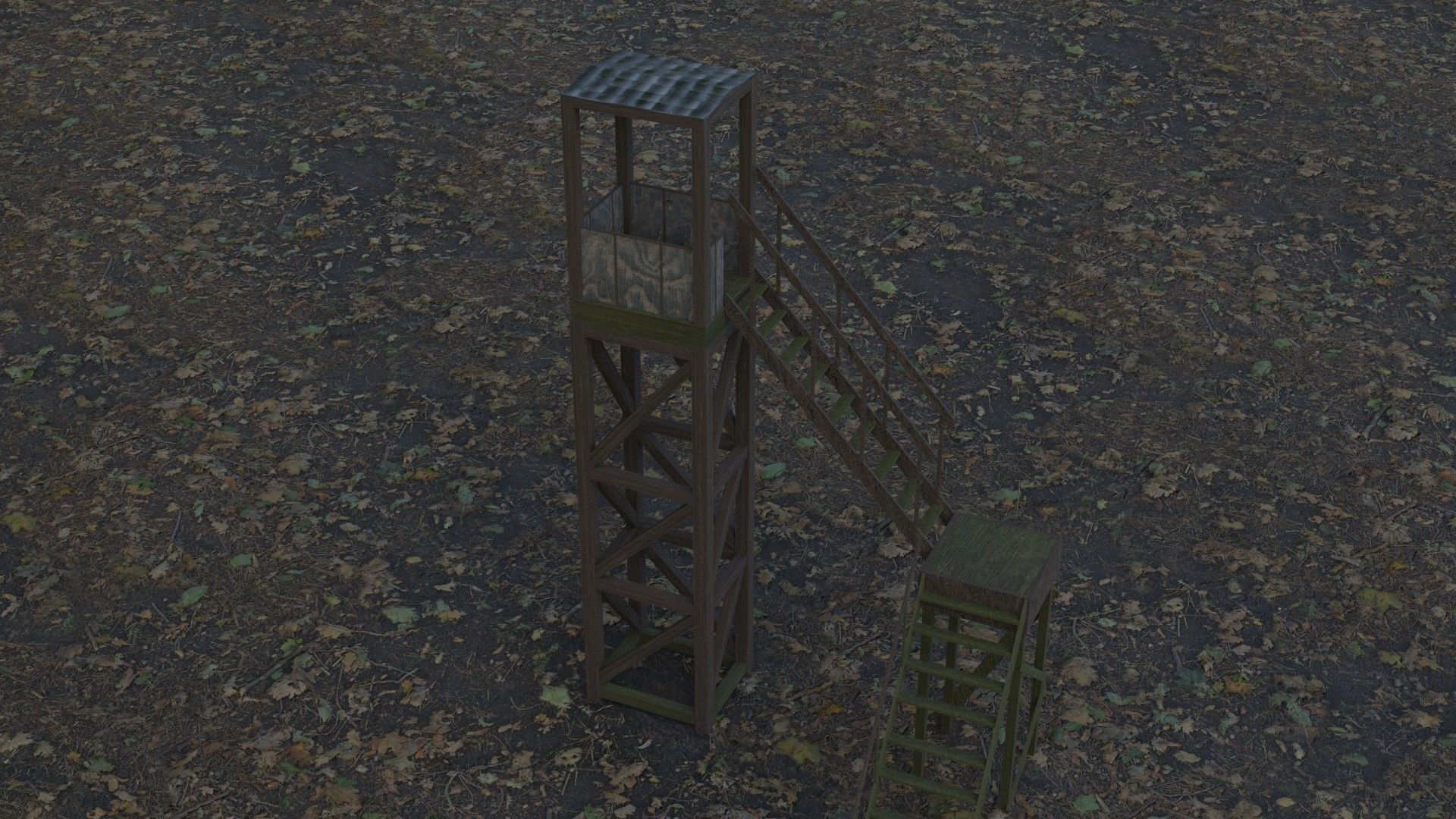 3d tower model guard in middle of field Low-poly 3D model_7