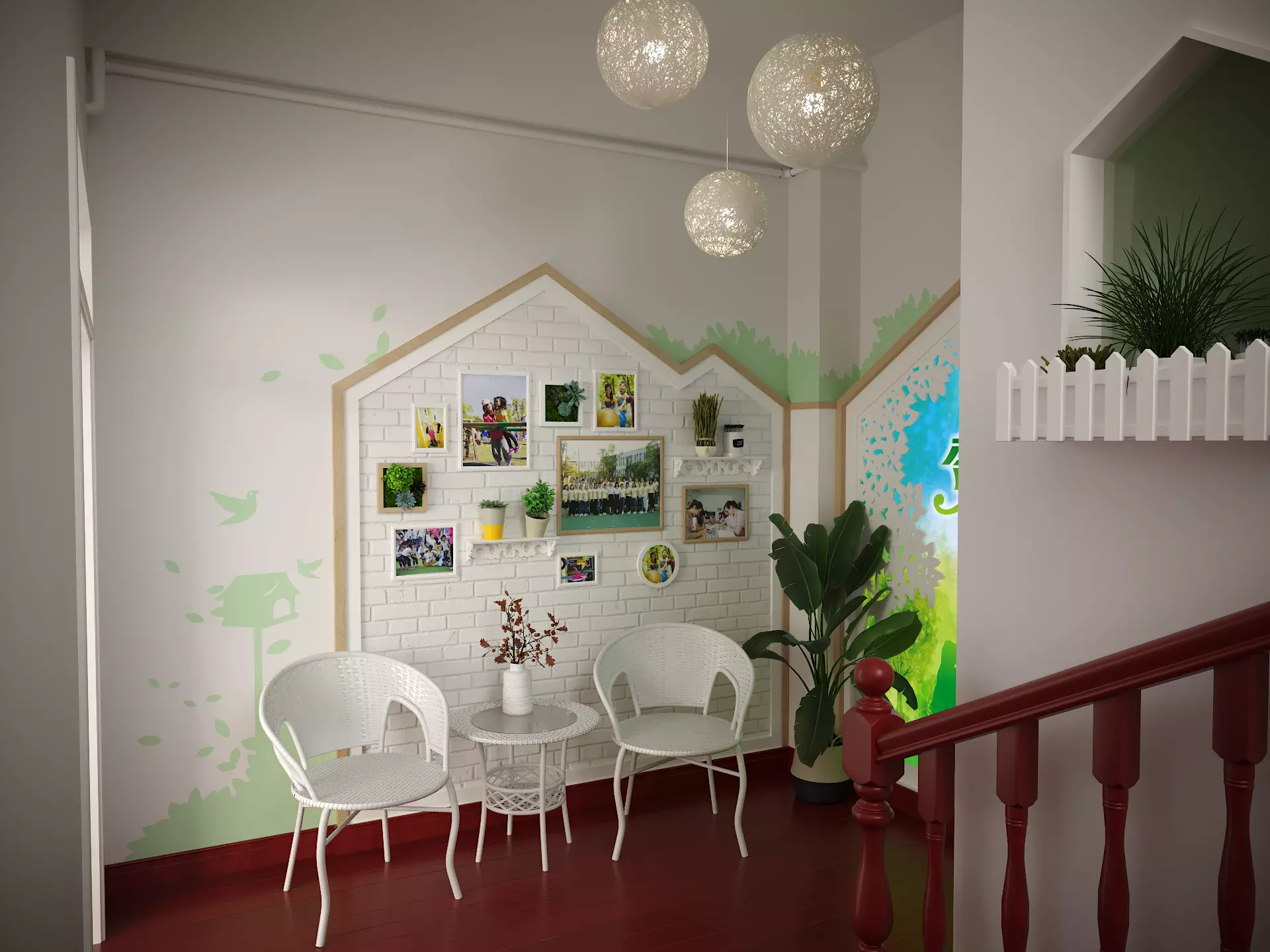 Stair section reading area corner theme wall 3D model_0