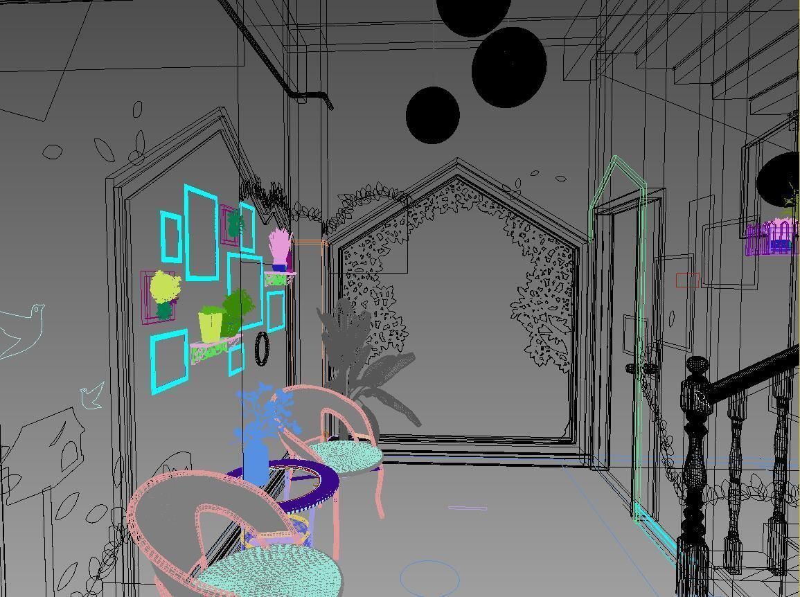 Stair section reading area corner theme wall 3D model_4