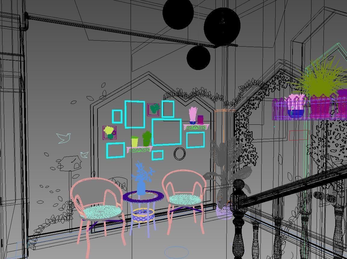 Stair section reading area corner theme wall 3D model_6