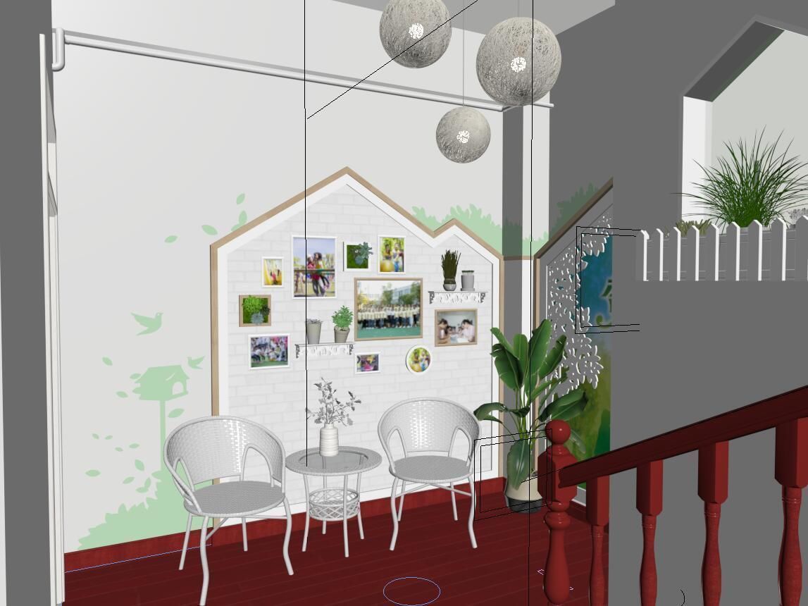 Stair section reading area corner theme wall 3D model_5