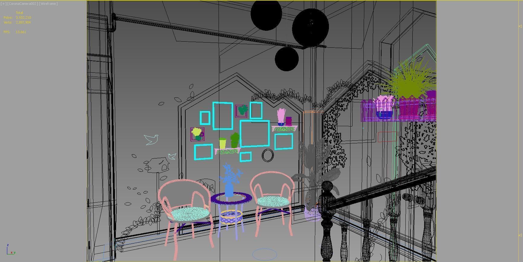 Stair section reading area corner theme wall 3D model_7