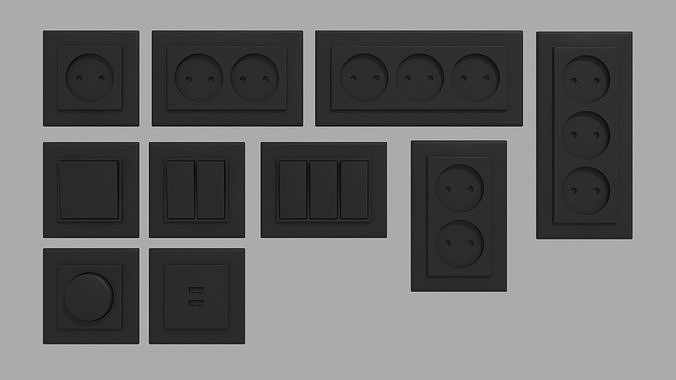 Black switches  sockets dimmer and charging port  Free 3D model