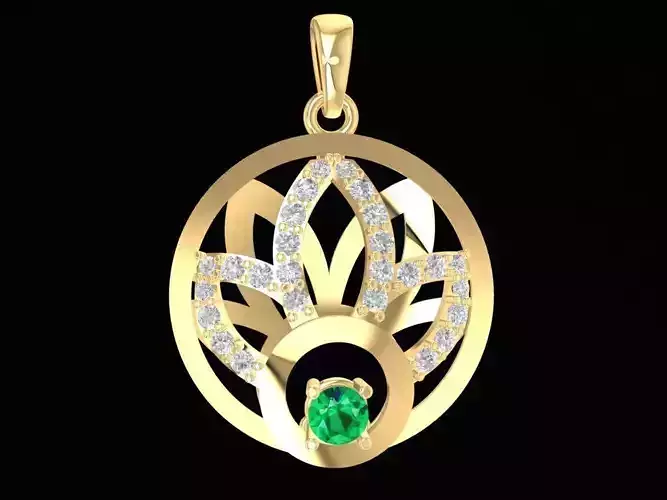 Elegant Round Leaf Motif Gemstone Pendant 3D Model 1227