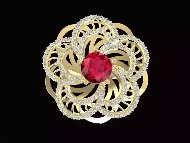 Luxury Filigree Flower Cocktail Ring with Round Gemstone 3D 1233