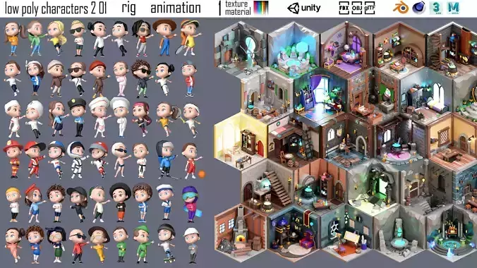 low poly interior 6 and characters 2 01 3D Model Collection
