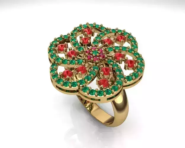 Emerald ruby flowers ring