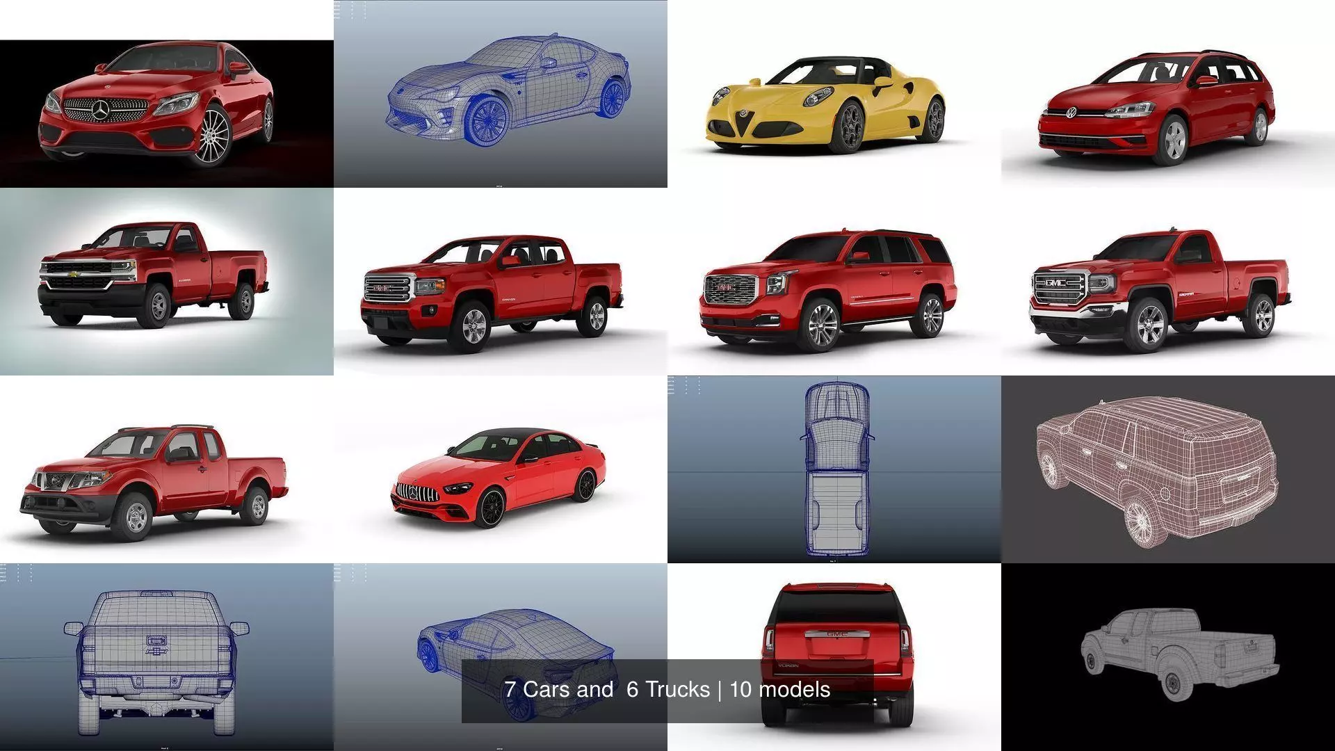 7 Cars and  6 Trucks 3D Model Collection_1