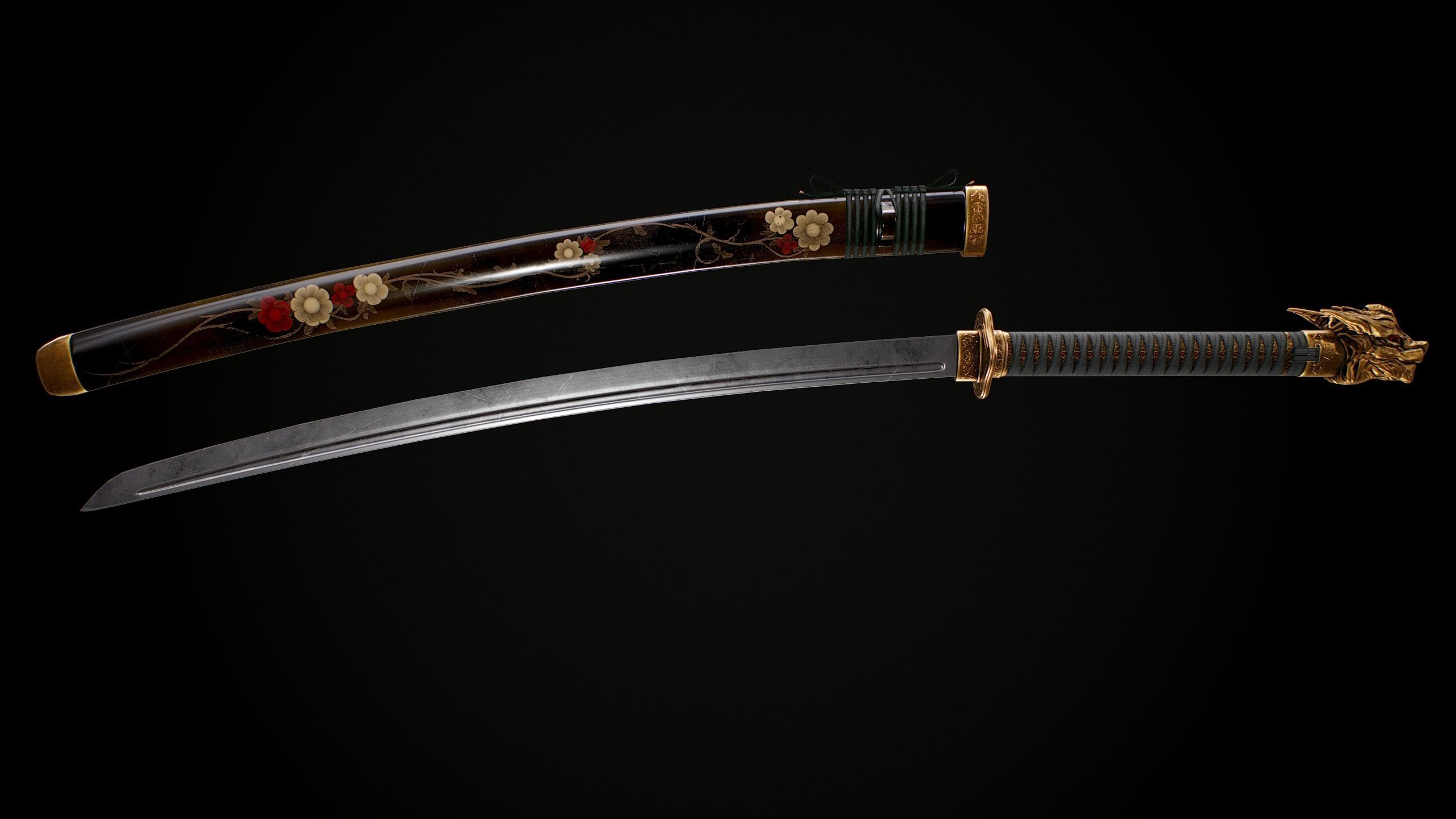 Katana samurai sword Low-poly 3D model_5