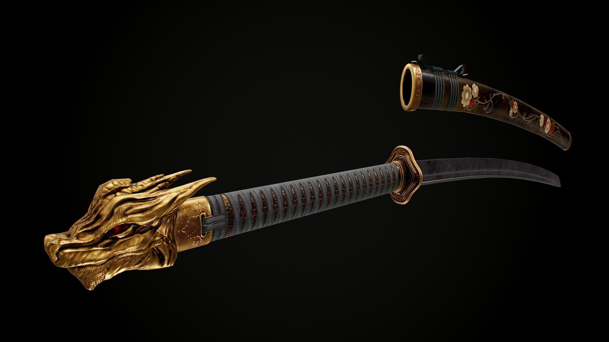 Katana samurai sword Low-poly 3D model_2