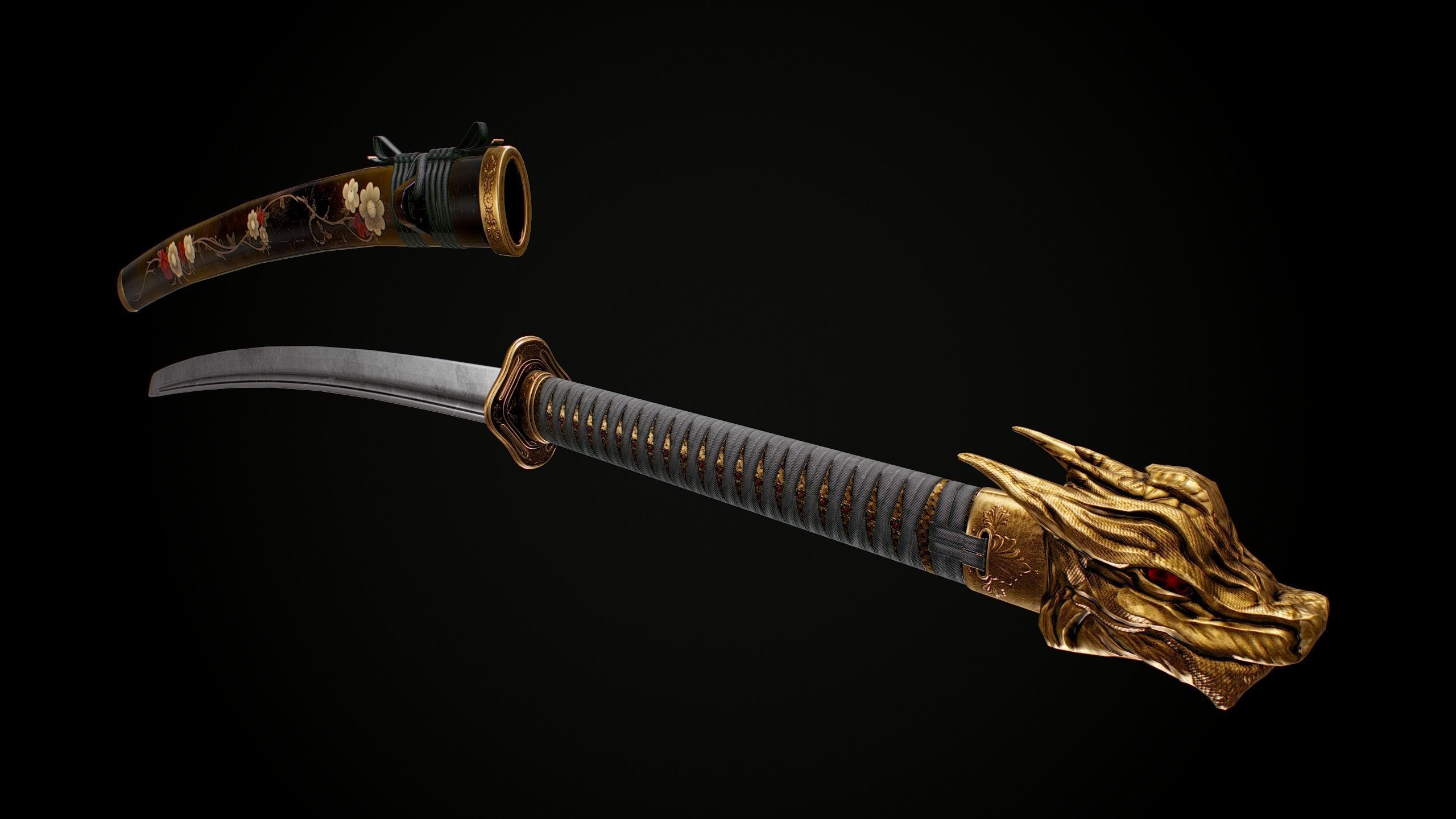 Katana samurai sword Low-poly 3D model_4