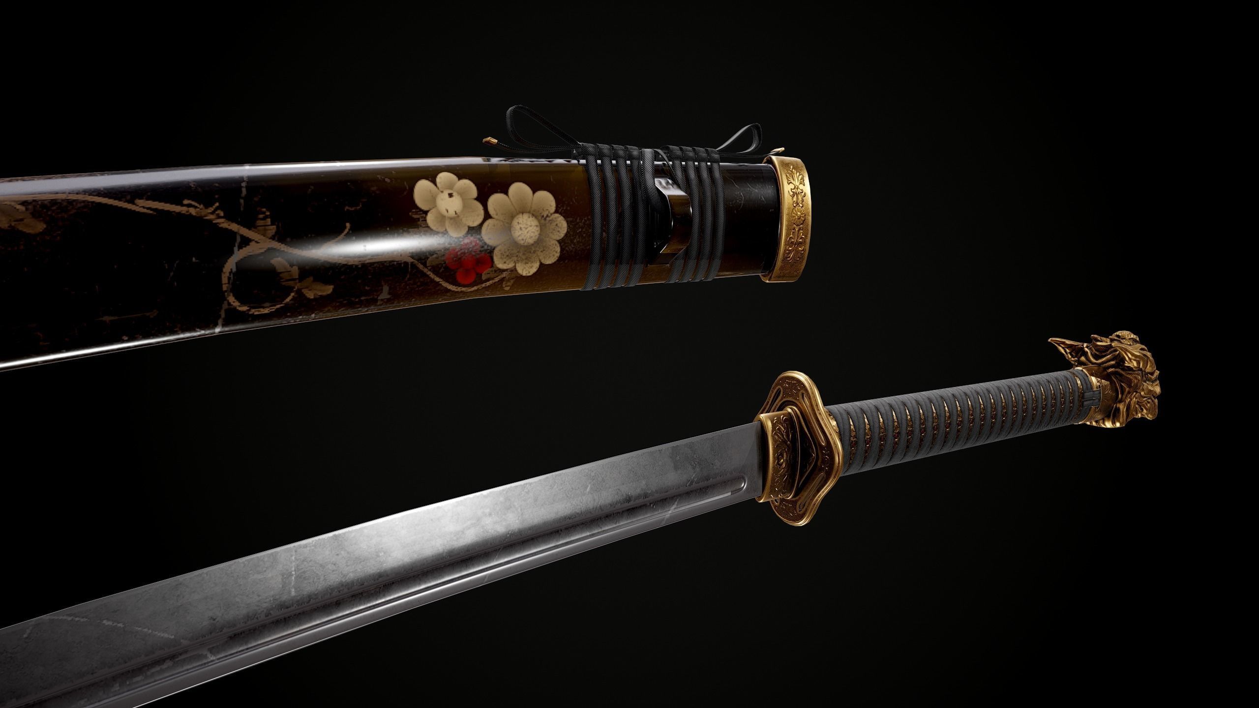 Katana samurai sword Low-poly 3D model_7