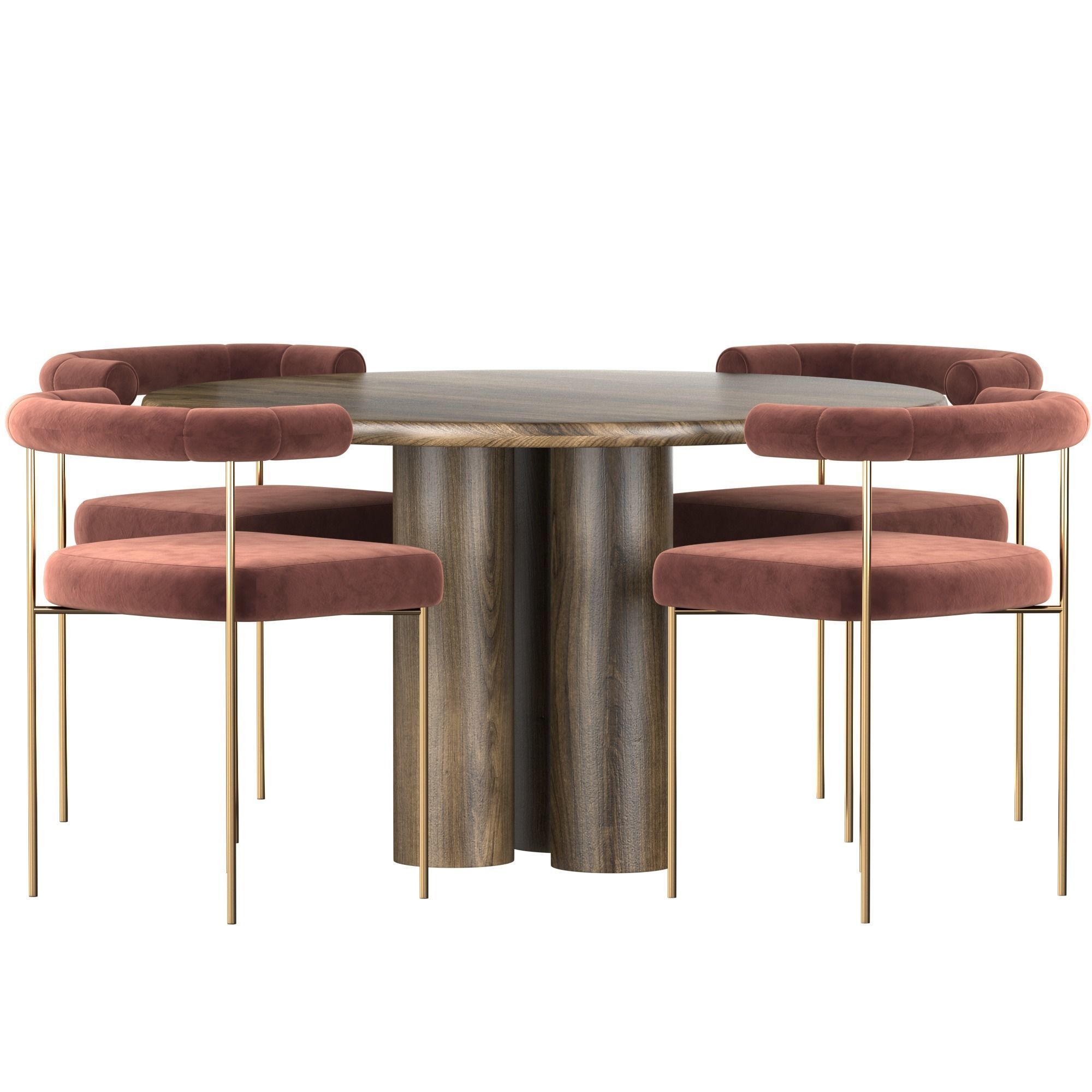 Dinning Set 1 round dining table with four velvet chairs 3D model_1