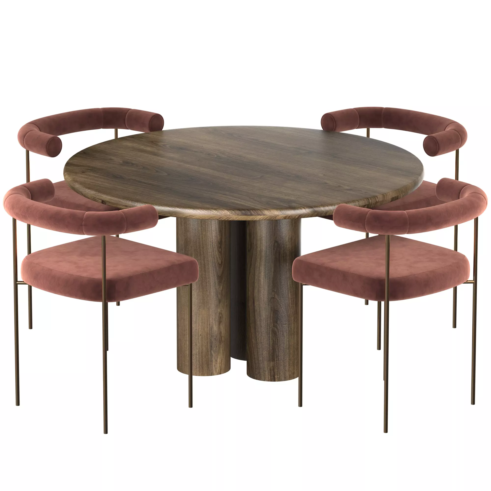Dinning Set 1 round dining table with four velvet chairs 3D model_0