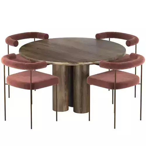 Dinning Set 1 round dining table with four velvet chairs 3D model