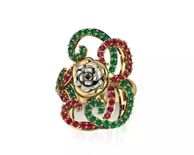 Rose ring with ruby and emerald gemstone