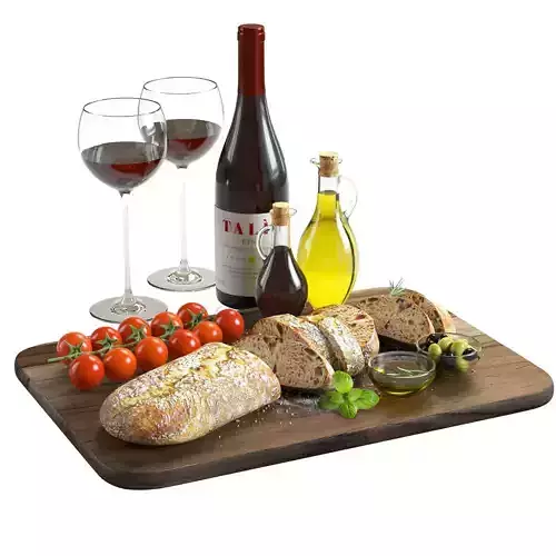 Food Set 02 - Bread Tomatoes Olives and Wine