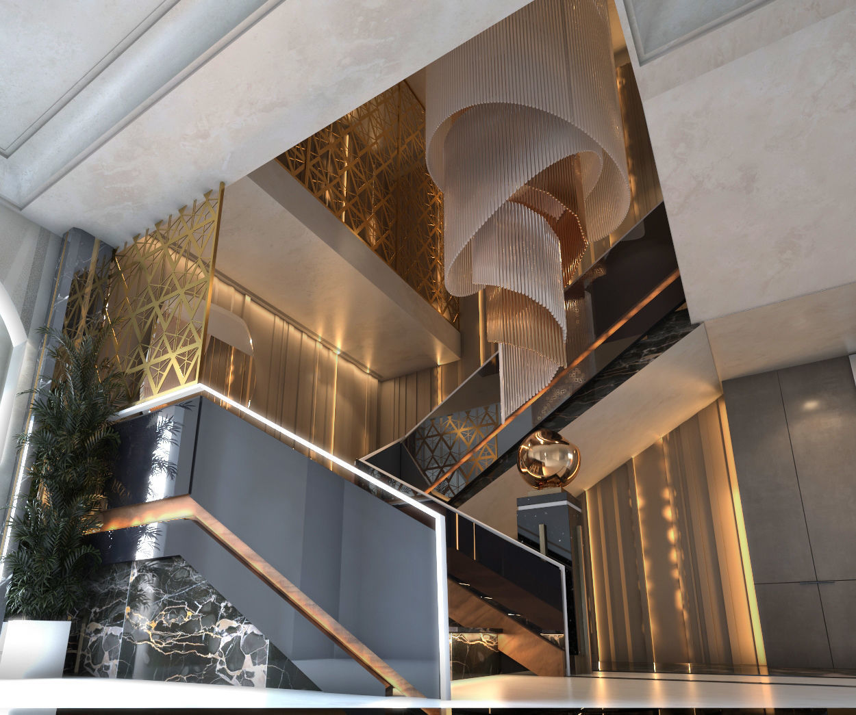 Stairs stairway in lobby of luxury apartment building 3D model_4