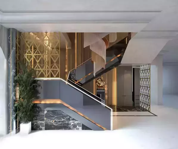 Stairs stairway in lobby of luxury apartment building