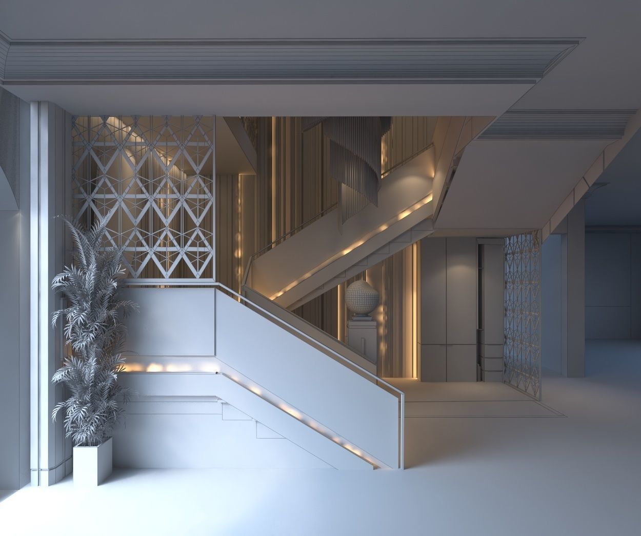 Stairs stairway in lobby of luxury apartment building 3D model_8