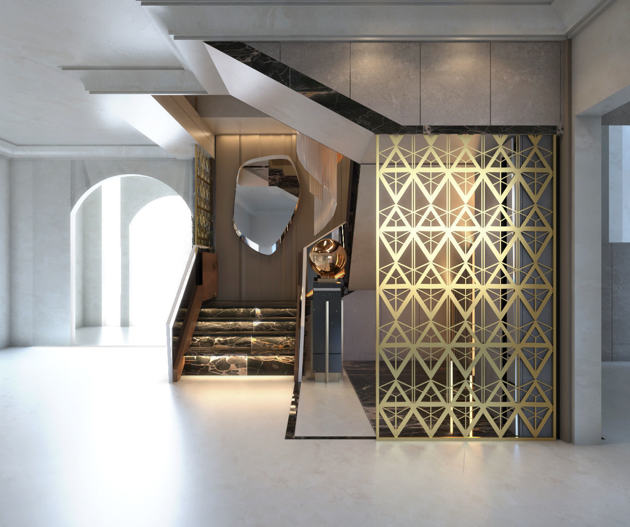 Stairs stairway in lobby of luxury apartment building 3D model_1