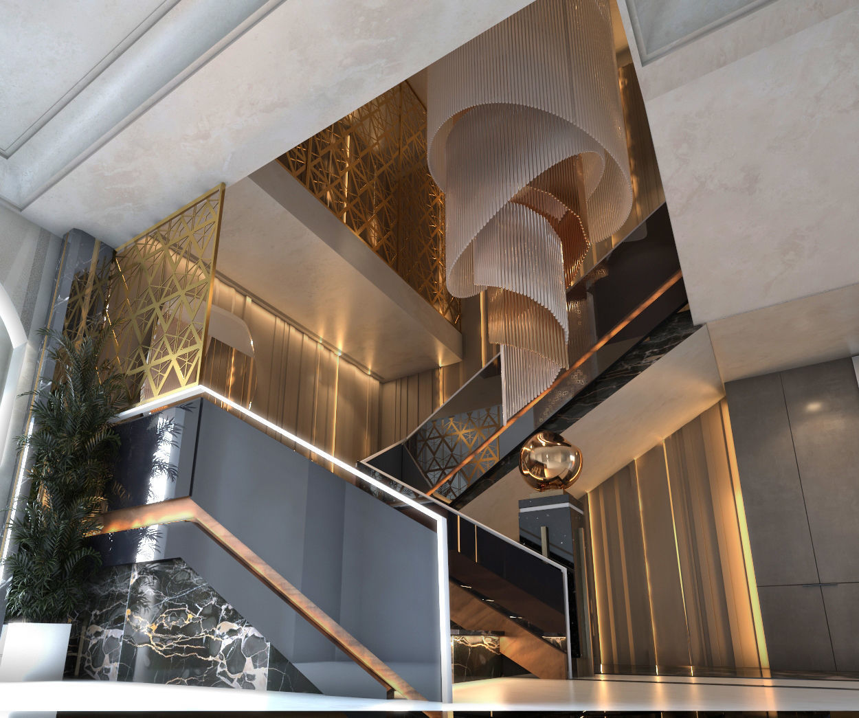 Stairs stairway in lobby of luxury apartment building 3D model_7