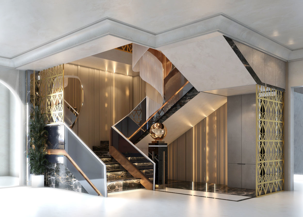Stairs stairway in lobby of luxury apartment building 3D model_2