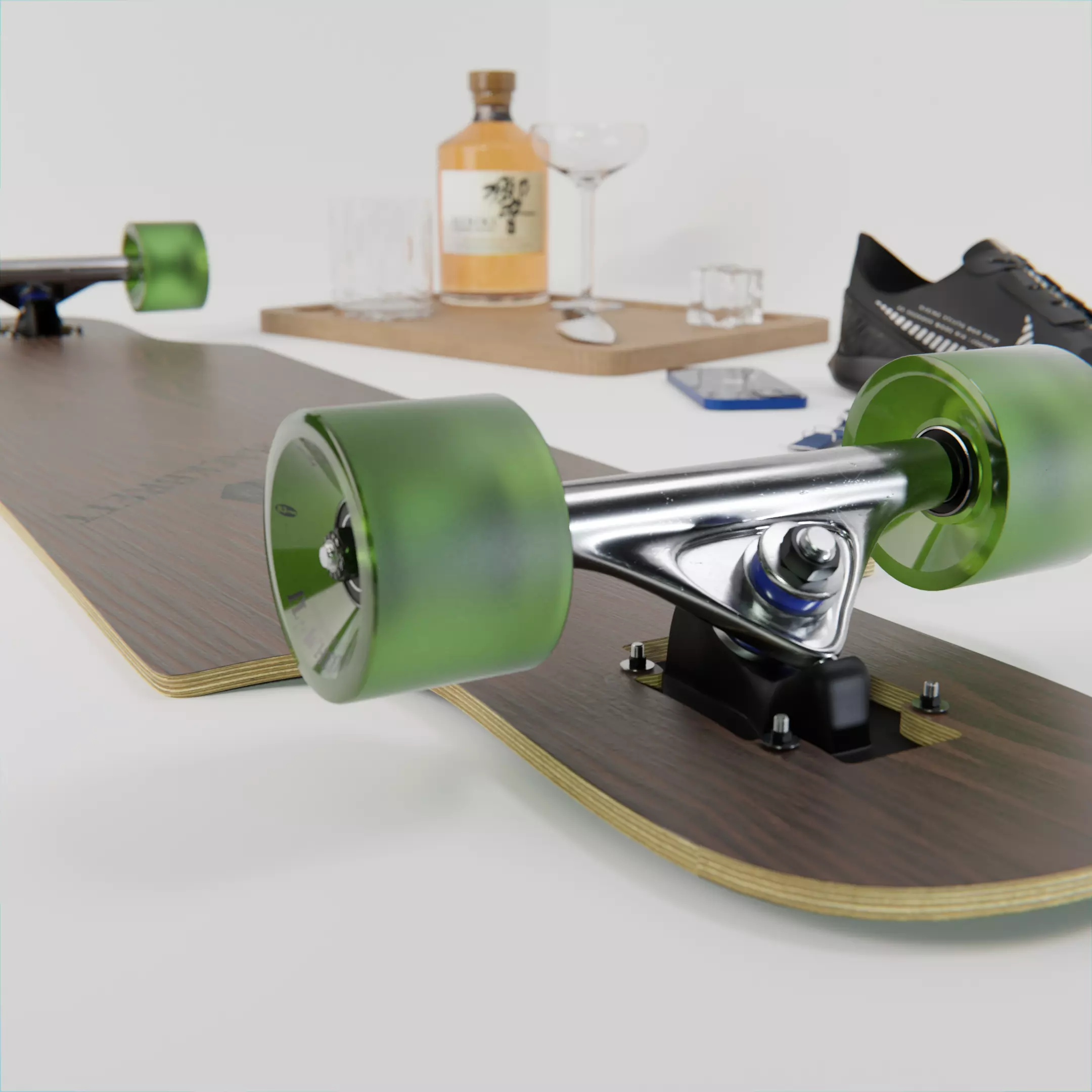 Longboard skateboard with wheels and bottle Free 3D model