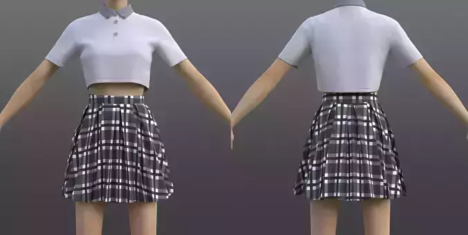 plaid pleated miniskirt and cropped polo shirt school uniform
