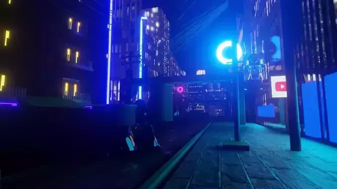 Realistic Street city at night with neon lights