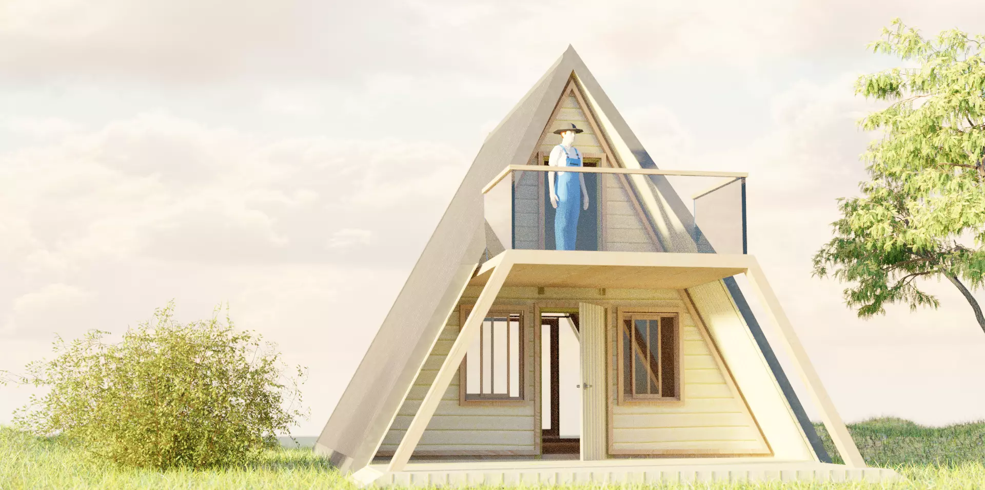 A Frame Cabin with Farmer Man Free 3D model