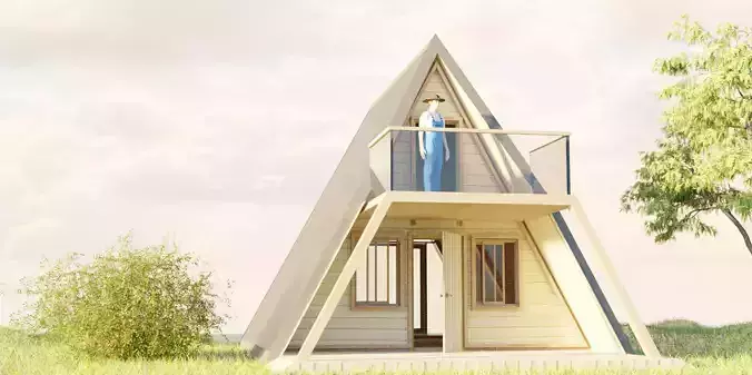 A Frame Cabin with Farmer Man Free 3D model