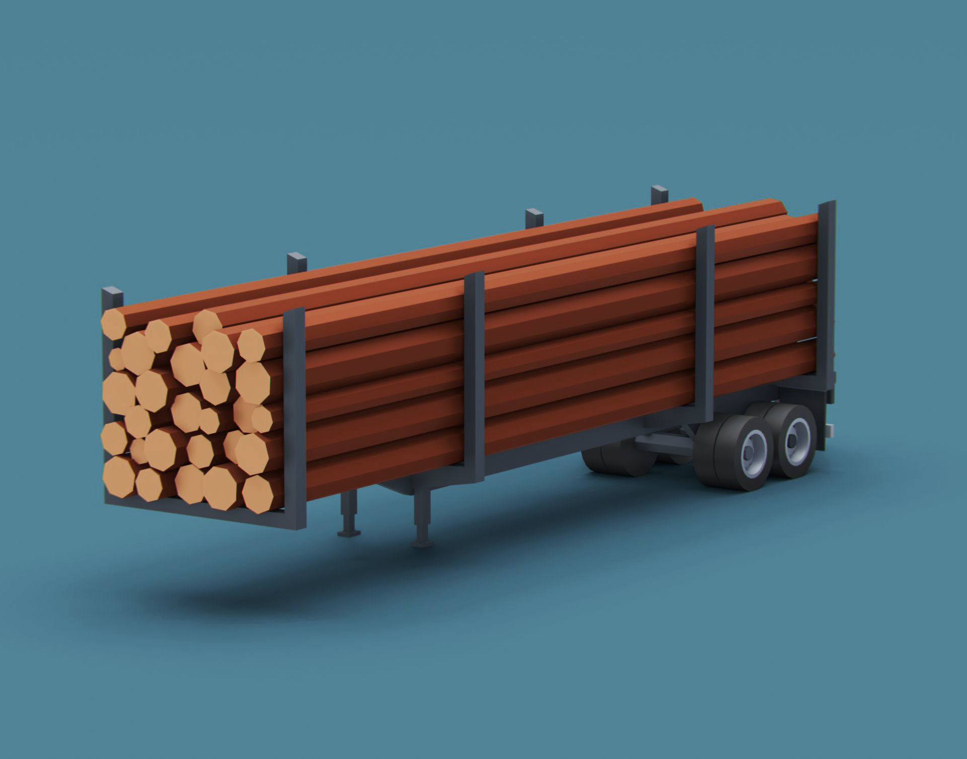 Cartoon Stylized  Semi Trailer with Logs Low-poly 3D model_1