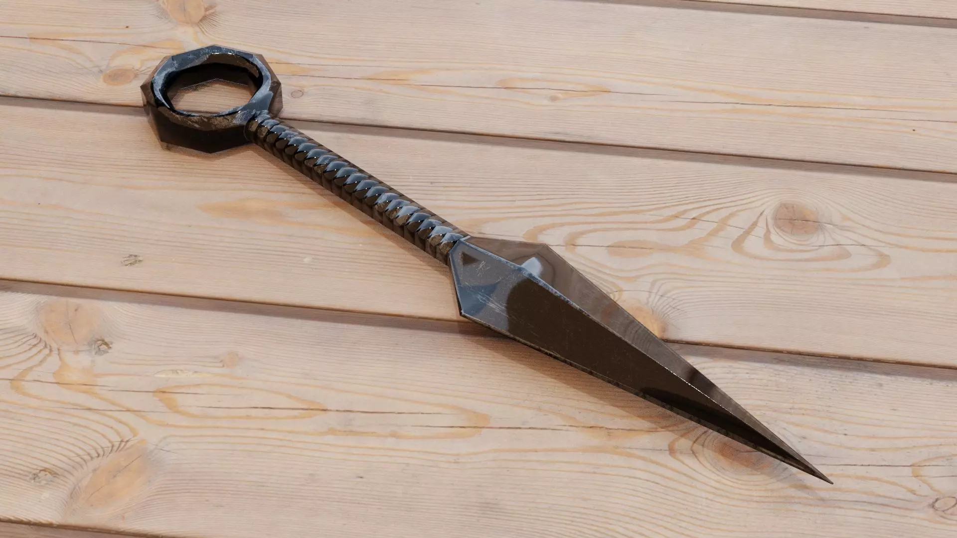 Game Ready Low Poly Kunai sword on wooden table Free low-poly 3D model